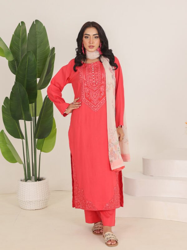 Coral Pink Embroidered Lawn Ensemble