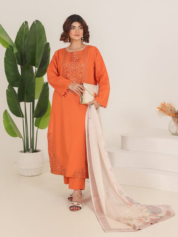Burnt Orange Embroidered Summer Ensemble – 3 Piece