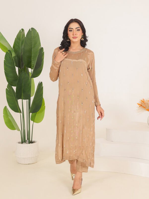 Golden Beige Handworked Silk Ensemble – 3 Piece